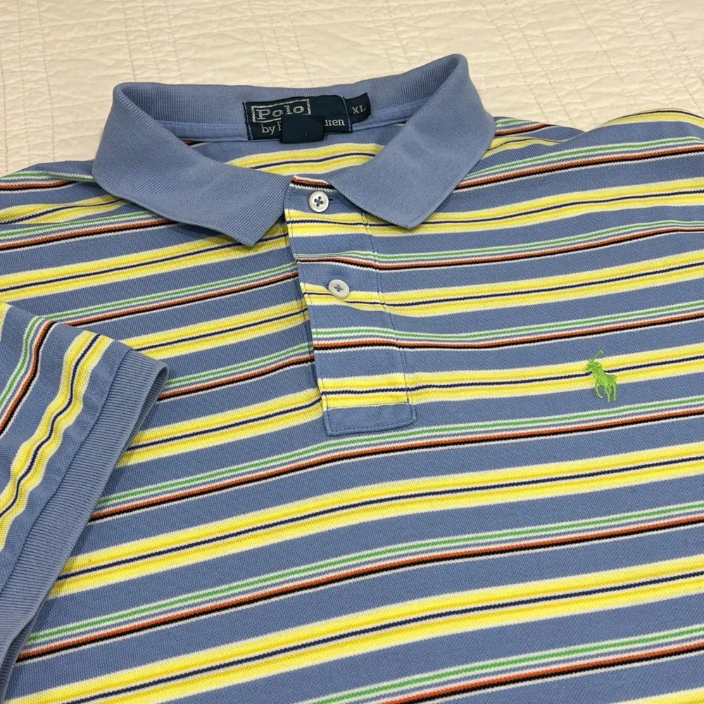 Polo Ralph Lauren Mens XL Pima Cotton Striped Polo Shirt Blue Yellow Multi Color